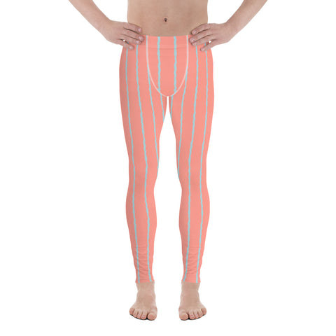 Peachy salmon pink and pale blue striped wavy pattern on these mens leggings or meggings by BillingtonPix