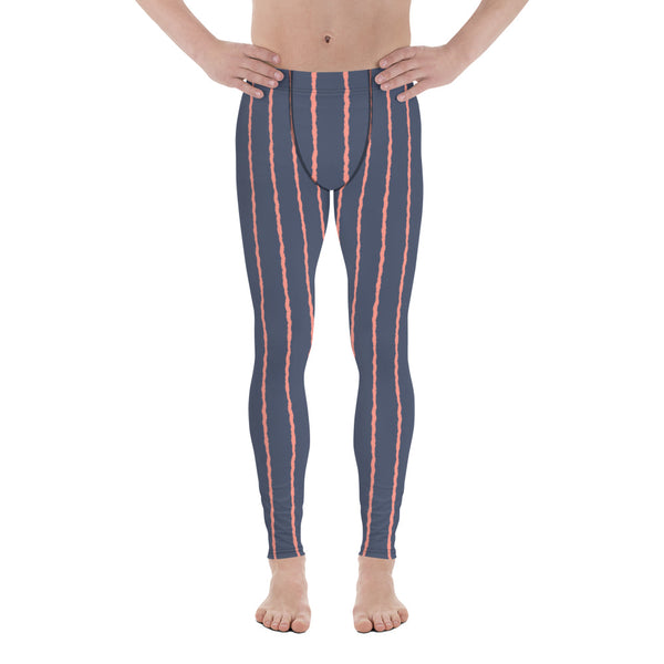 Navy blue and salmon pink striped wavy pattern on these mens leggings or meggings by BillingtonPix