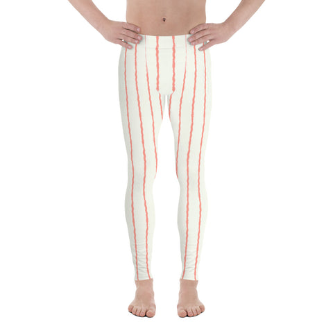 Cream or off-white and salmon pink striped wavy pattern on these mens leggings or meggings by BillingtonPix
