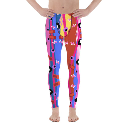 Zany, crazy, mad patterned men's leggings or meggings in blue, red, yellow and purple pattern of lines, squiggles, blobs and stripes by BillingtonPix