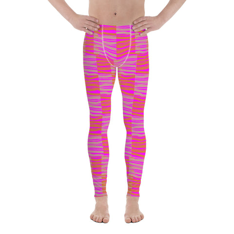Colourful men's leggings or meggings in pink and orange with a stripy chequered pattern by BillingtonPix