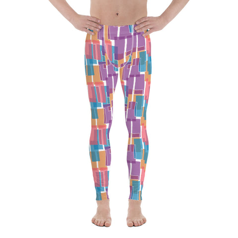 Geometric blocks of overlapping colour in a vintage retro mid century style on these awesome men's leggings or meggings by BillingtonPix