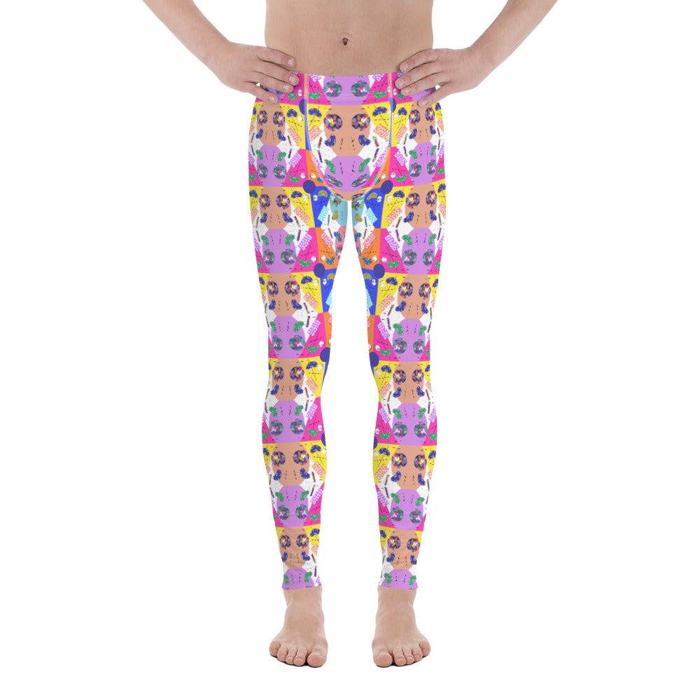 Multicoloured 80s Memphis inspired men's leggings or meggings by BillingtonPix with abstract geometric shapes pattern