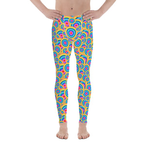 Mesmerizing pattern of colourful and overlapping concentric circles in pink, orange, yellow, turquoise and lilac on these spandex men's leggings or meggings by BillingtonPix