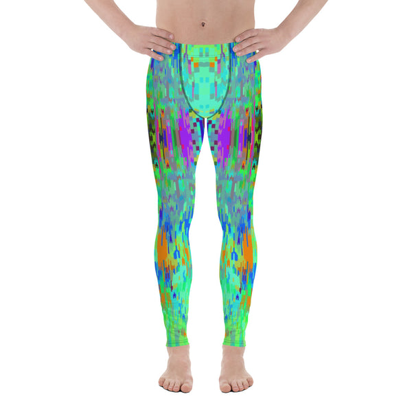Multicoloured crystal like abstract pattern containing green, purple, blue and orange tones in these colourful meggings, mens leggings, mens running tights by BillingtonPix