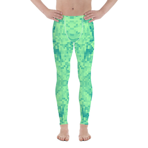 Colourful green abstract geometric shaped pattern on these men's compression leggings, running tights for men by BillingtonPix
