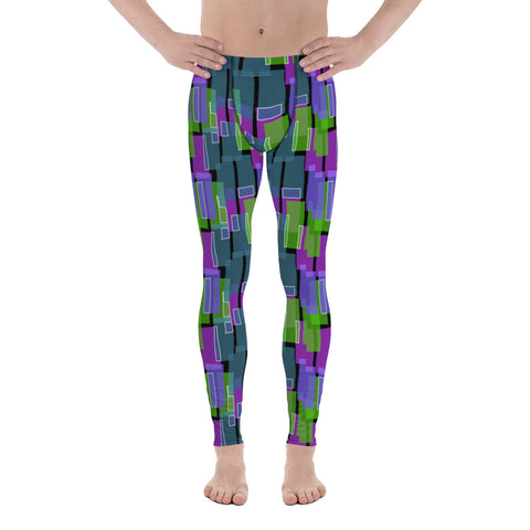 Mens gym leggings with a mid century modern pattern containing colourful tones of teal, purple, mauve and lime green on a black background by BillingtonPix