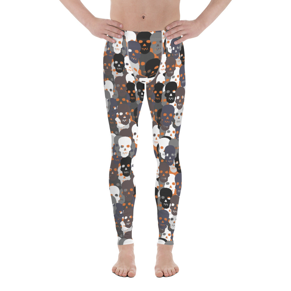Men's skull leggings with black, white and grey skulls on burnt orange, front view