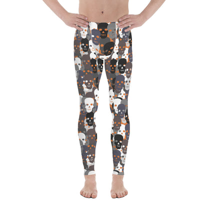 Men's skull leggings with black, white and grey skulls on burnt orange, front view