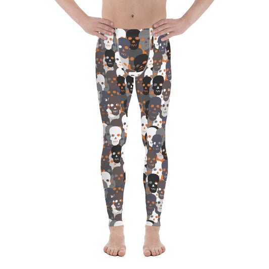 Men's skull leggings with black, white and grey skulls on burnt orange, front view