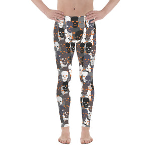 Monochrome skulls in black, white and grey against an orange background that lights up their eye sockets will make the perfect Halloween meggings this spooky season on this mens gym leggings, running and compression tights by BillingtonPix