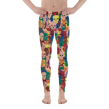 Men's multicolour skull leggings in red, yellow, teal and blue, front view