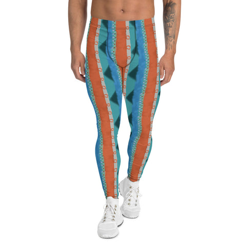 Terracotta, teal, and blue tones, natural earth tones on this 90s Memphis style design for mens joggers, gym leggings, meggings by BillingtonPix