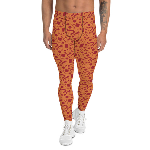 Orange and samba red 90s Memphis pattern on these meggings, compression leggings, running tights for men by BillingtonPix