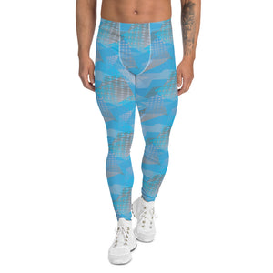 Turquoise blue and grey geometric shaped design in a 90s retro style on these men's leggings or meggings by BillingtonPix