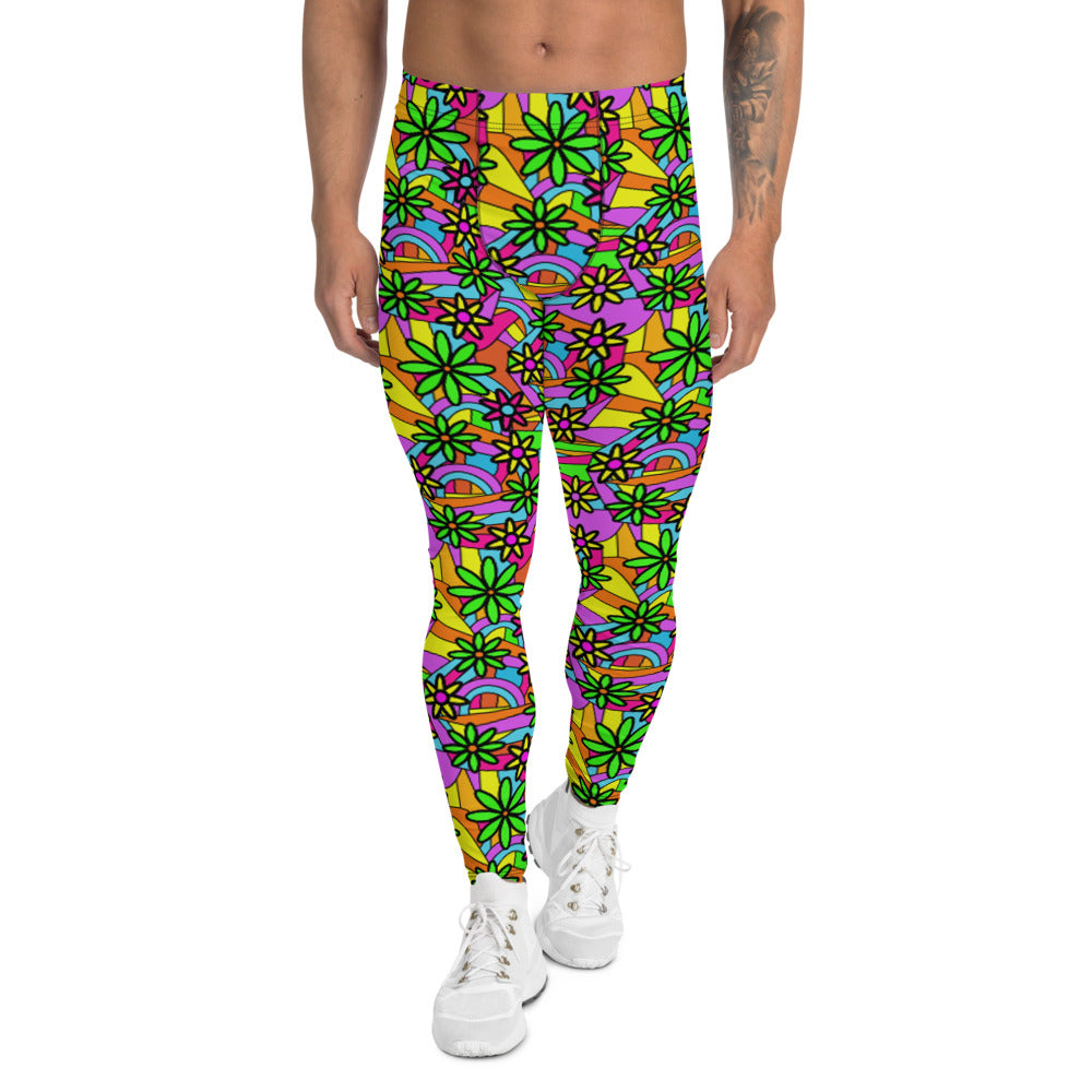 Retro 60s psychedelic flower power style design men's leggings in multicoloured with lime green, turquoise, pink, yellow and purple shapes and flowers vintage style design by BillingtonPix
