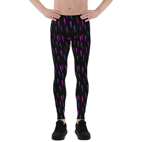 90s style pink, purple and blue daubs on a black background on these retro style leggings for men or meggings by BillingtonPix
