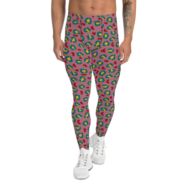 All-over printed men's leggings with a raspberry pink and teal leopard skin design by BillingtonPix