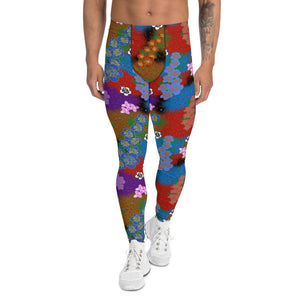 Psychedelic Cottagecore style aesthetic retro 60s and 70s patterned leggings for men with multicoloured floral designs against a wispy cloudy background pattern by BillingtonPix
