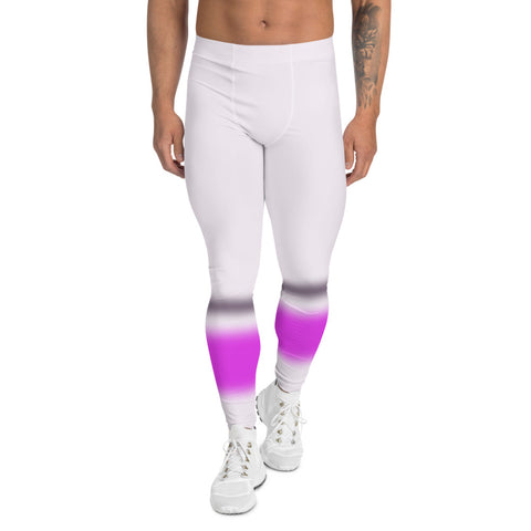 90s Vaporwave style men's leggings or meggings in a pale pink colour with blurred stripes of black and deep pink towards the bottom of each leg in this awesome unique design by BillingtonPix