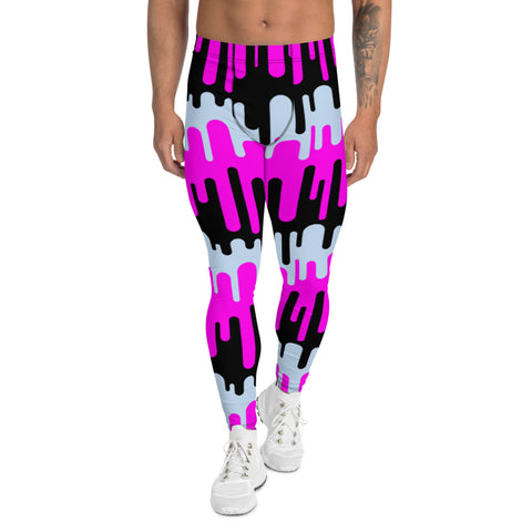 Contrasting pink, blue and black colours in ink drips form an awesome 80s style design, Memphis in origin, on these men's leggings or meggings or funky running tights for men by BillingtonPix