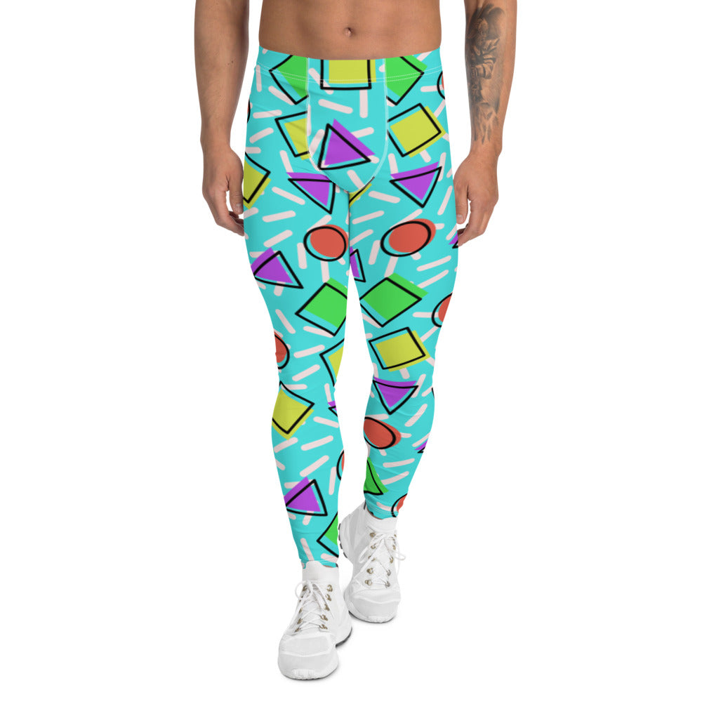 Patterned men's sports leggings and festival fashion meggings in a vibrant 80s Memphis design all-over pattern with geometric shapes and colourful 1980s tones by BillingtonPix