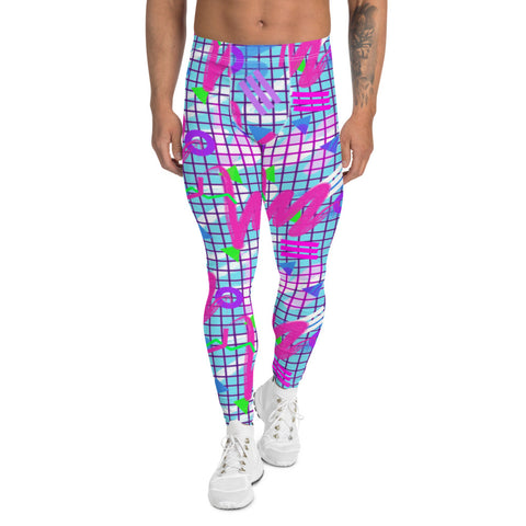 Colourful squiggles and geometric shapes in an 80s Memphis design and 90s Vaporwave style in pink, purple, green and blue, meggings or men's compression leggings by BillingtonPix