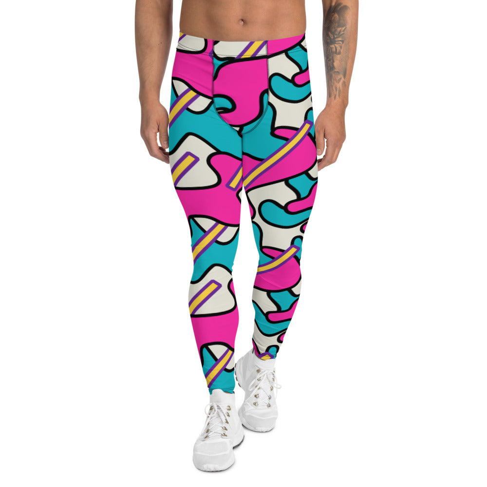 Patterned leggings or running tights for men and women in pink, turquoise, yellow and purple curvy and stick shapes against a cream background on these compression meggings by BillingtonPix