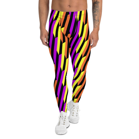 Patterned men's leggings in retro style stripes of purple, orange and yellow against a black background in these 80s Memphis inspired meggings or men's running tights by BillingtonPix