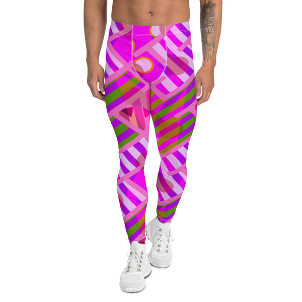 Pink and purple men's leggings in an 80s Memphis geometric patterned style. Harajuku fashion for men in stripes, circles and a zany kitsch contemporary design by BillingtonPix