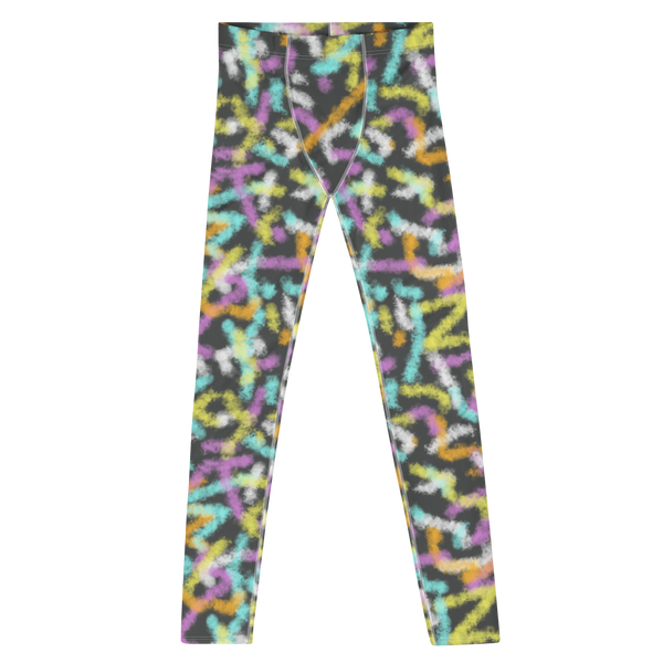 Harajuku style men's leggings or leggings with paint daubs or spray paint graffiti effect in orange, turquoise blue, yellow, purple and white against a slate grey background in an 80s retro style on these compression pants or festival meggings by BillingtonPix