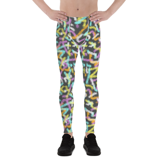 Harajuku style men's leggings or leggings with paint daubs or spray paint graffiti effect in orange, turquoise blue, yellow, purple and white against a slate grey background in an 80s retro style on these compression pants or festival meggings by BillingtonPix