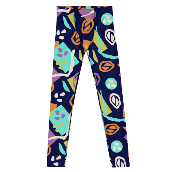 Colourful patterned men's leggings or running tights with an 80s Memphis inspired design in geometric and organic shapes with orange, turquoise blue, purple, yellow and white against a navy blue background on these festival meggings by BillingtonPix