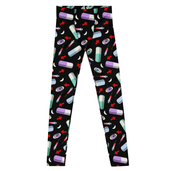 Dark Pastel Goth and Menhera Kei fashion inspired men's leggings with a Japanese Harajuku goth and medical inspired sublimation pattern of pills, syringes, eyeballs, crosses and moons in a spooky pattern against a black background on these meggings by BillingtonPix