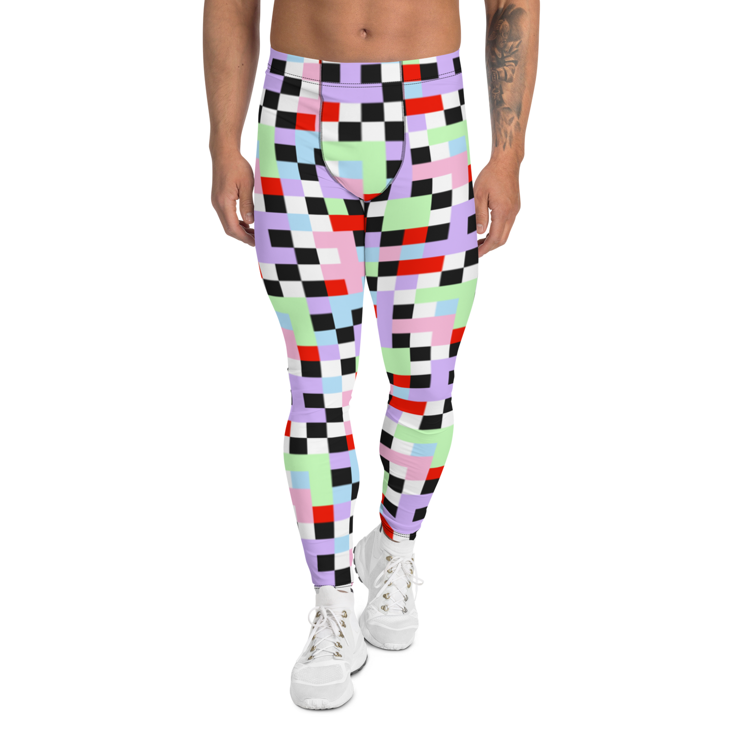 Gorgeous chequered pattern men's leggings in Pastel Goth color palette of purple, pink, blue, green, black and red. Great as rave meggings or festival pants, or equally as gym leggings for men or men's running tights. Design by BillingtonPix.