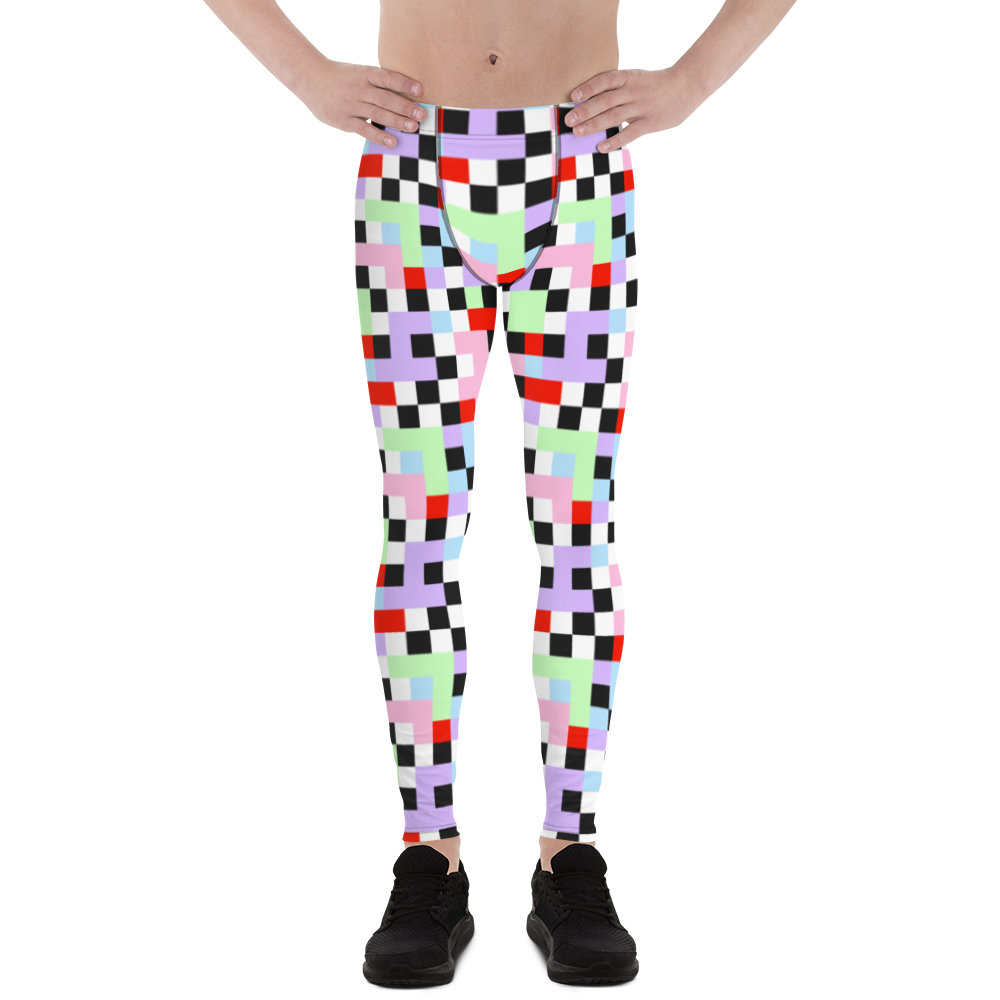 Gorgeous chequered pattern men's leggings in Pastel Goth color palette of purple, pink, blue, green, black and red. Great as rave meggings or festival pants, or equally as gym leggings for men or men's running tights. Design by BillingtonPix.