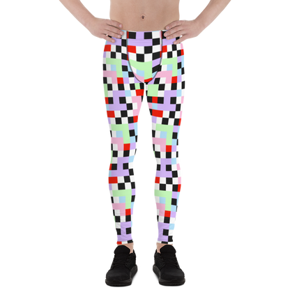 Gorgeous chequered pattern men's leggings in Pastel Goth color palette of purple, pink, blue, green, black and red. Great as rave meggings or festival pants, or equally as gym leggings for men or men's running tights. Design by BillingtonPix.