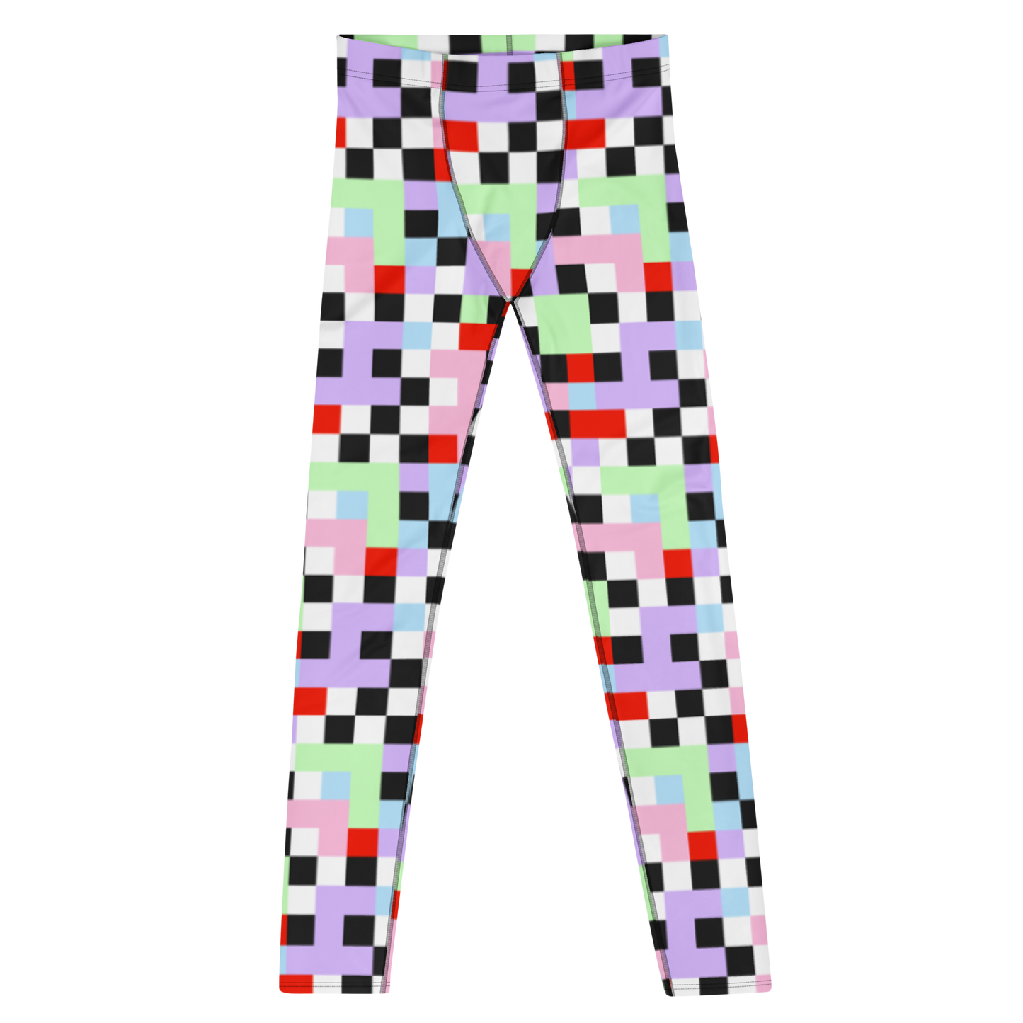 Gorgeous chequered pattern men's leggings in Pastel Goth color palette of purple, pink, blue, green, black and red. Great as rave meggings or festival pants, or equally as gym leggings for men or men's running tights. Design by BillingtonPix.