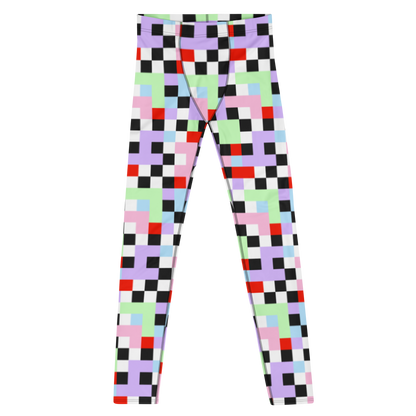 Gorgeous chequered pattern men's leggings in Pastel Goth color palette of purple, pink, blue, green, black and red. Great as rave meggings or festival pants, or equally as gym leggings for men or men's running tights. Design by BillingtonPix.