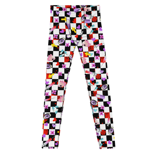 Yami Kawaii Harajuku Anime design men's leggings with a black and  white chequered background, containing a number of Menhera Kei and Pop Kei references such as kawaii pink mice, yellow crosses, pastel goth spooky eyes, splatters of blood, hearts and cute looking pills. These meggings are something you might want to wear as festival meggings or rave fashion. Design by BillingtonPix