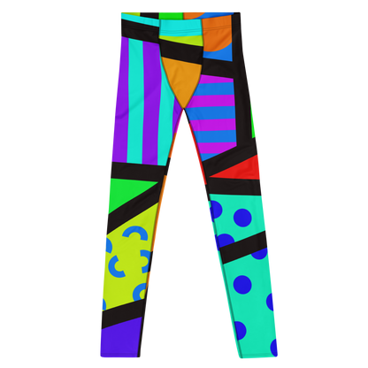 Geometric patterned Men's 80s Memphis style men's leggings or meggings by BillingtonPix, with bold colours and shapes, stripes, circles and swirls