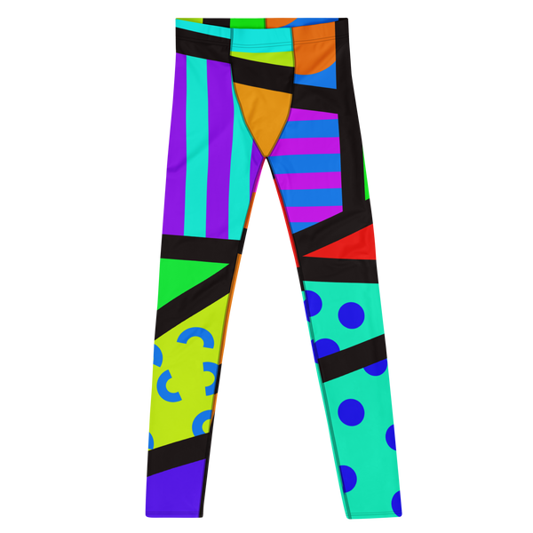 Geometric patterned Men's 80s Memphis style men's leggings or meggings by BillingtonPix, with bold colours and shapes, stripes, circles and swirls