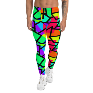 Vibrant colourful men's leggings in a kitsch Harajuku and 80s retro Memphis style with diagonal shapes in blue, red, orange, purple, turquoise, green and yellow and a black diagonal overlay on these meggings or mens running tights by BillingtonPix