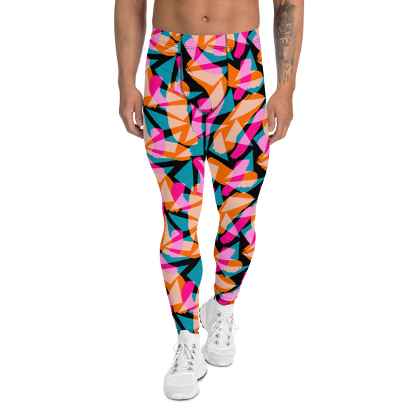 Geometric patterned Harajuku aesthetic  90s Memphis design men's gym leggings in colorful tones of pink, turquoise green and orange against a black background on this Harajuku design meggings, compression pants and funky running tights by BillingtonPix