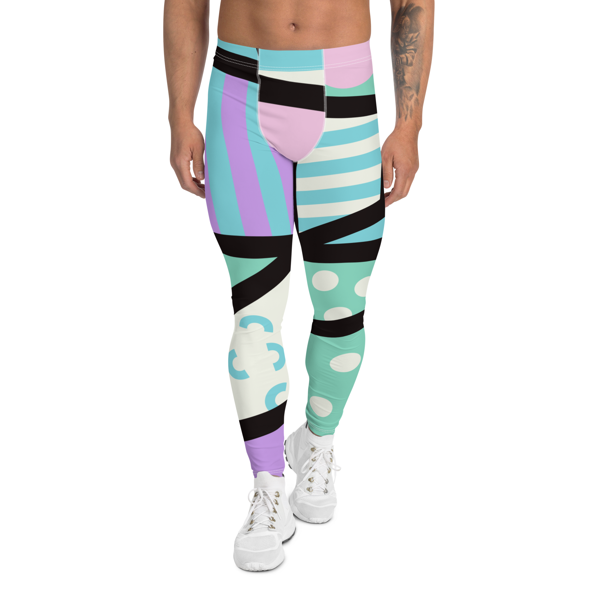 Pastel Kei Yami Kawaii Harajuku fashion meggings or gym leggings for men with pastel blue, pink, cream, purple and green with a black overlay on these Pastel Goth gym leggings and festival pants by BillingtonPix