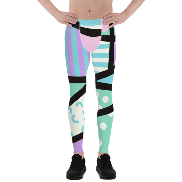 Pastel Kei Yami Kawaii Harajuku fashion meggings or gym leggings for men with pastel blue, pink, cream, purple and green with a black overlay on these gym leggings and festival pants by BillingtonPix