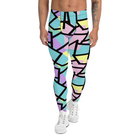 Harajuku Pastel Goth fashion leggings for men with tones of pink, blue, green, yellow and purple with a black geometric overlay on these festival meggings athleisure crazy gym leggings by BillingtonPix
