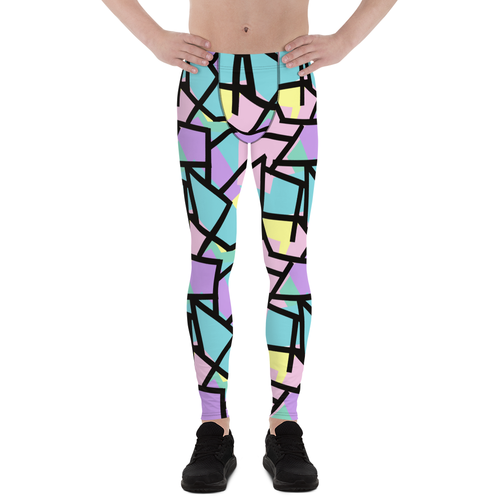 Harajuku Pastel Goth fashion leggings for men with tones of pink, blue, green, yellow and purple with a black geometric overlay on these festival meggings athleisure crazy gym leggings by BillingtonPix