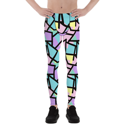 Harajuku Pastel Goth fashion leggings for men with tones of pink, blue, green, yellow and purple with a black geometric overlay on these festival meggings athleisure crazy gym leggings by BillingtonPix