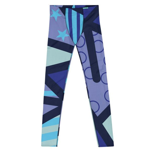 Blue Harajuku fashion leggings for men in different tones of blue from turquoise to navy blue and a geometric pattern with a midnight blue overlay on these colourful festival meggings by BillingtonPix